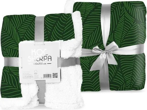 Mikroszálas ágytakaró 150x200 Sherpa zöld fehér bárány levelek kétoldalas