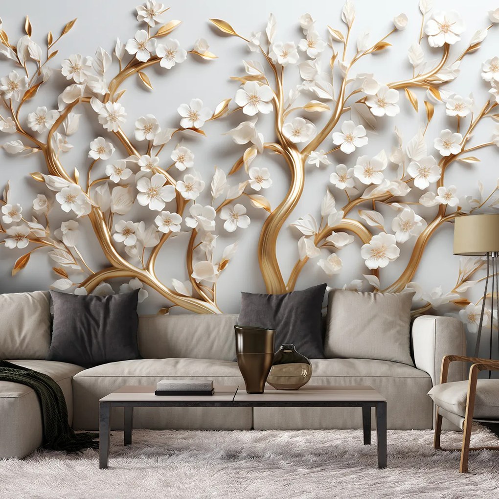 Gario Fotótapéta Fehér magnólia virágok arany ágakon Anyag: Vlies, Méret: 450 x 315 cm