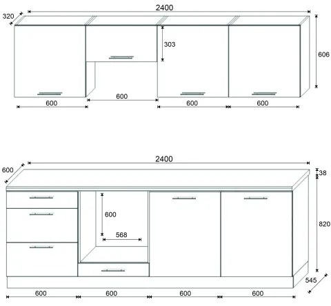CELESTE 240 cm-es fényes fehér konyhabútor