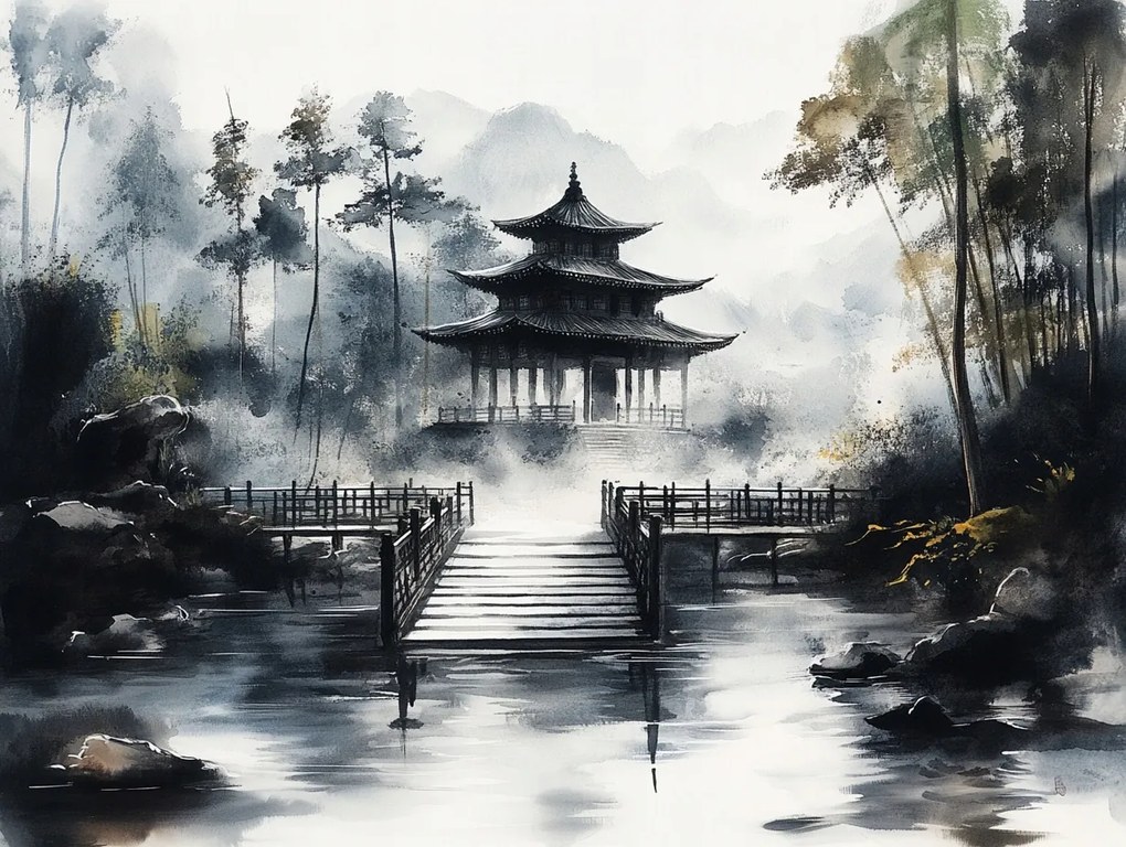 Vászonkép Canvas Japán Ázsia Templom Pagoda Kert Köd 80x60