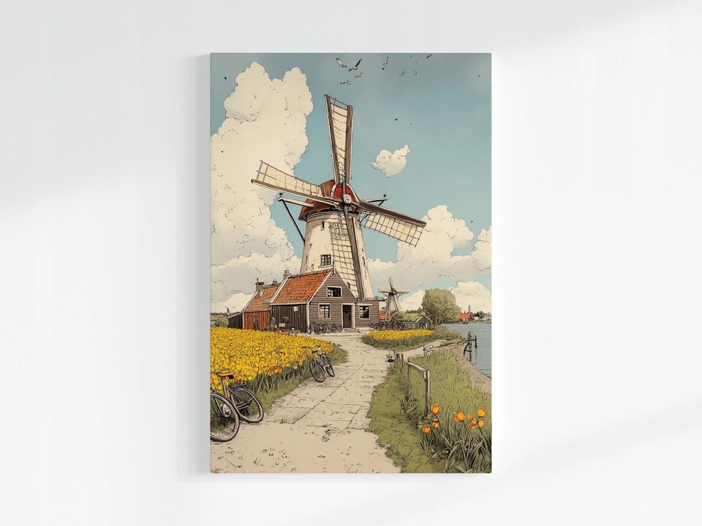 Poszter Tájkép Hollandia Falu Szélmalom Kerékpár Tulipán 40x60