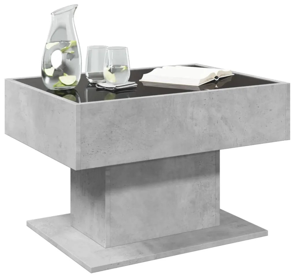 betonszürke szerelt fa dohányzóasztal LED-del 70 x 50 x 45 cm