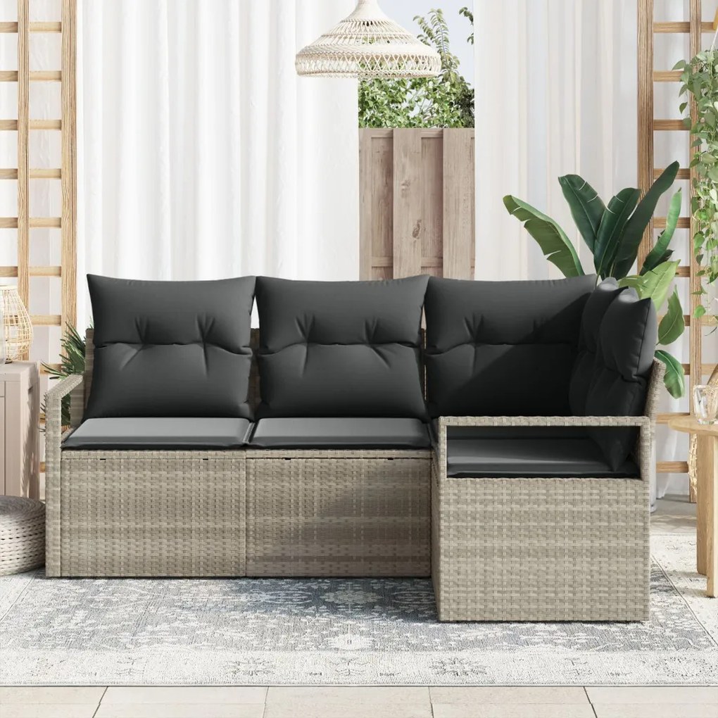 4 darabos kertibútor szett párnákkal, világosszürke, poli rattan, 2 személyes kertibútor párnákkal, szürke, poli rattan