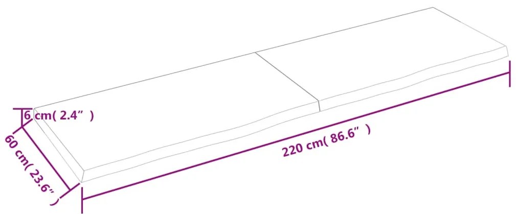 sötétbarna kezelt tömör tölgyfa fali polc 220 x 60 x (2-6) cm