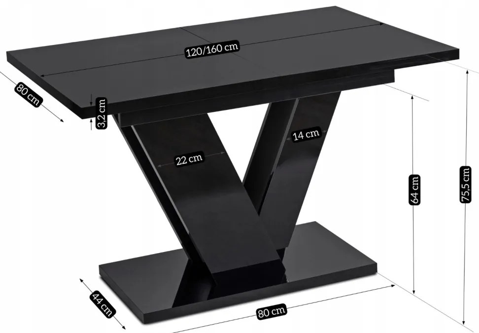 Bővíthető Étkezőasztal Magasfényű Fekete Színben. CLARK 120-160 cm