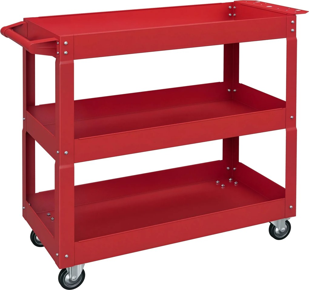 DURHAND Kézi Kocsi Kerekekkel Acél Kocsi 3 Tárolópolccal és Oldalsó Fogantyúval Mechanikai Garázsba 150 kg Teherbírás 83x35.3x76 cm Piros | Aosom