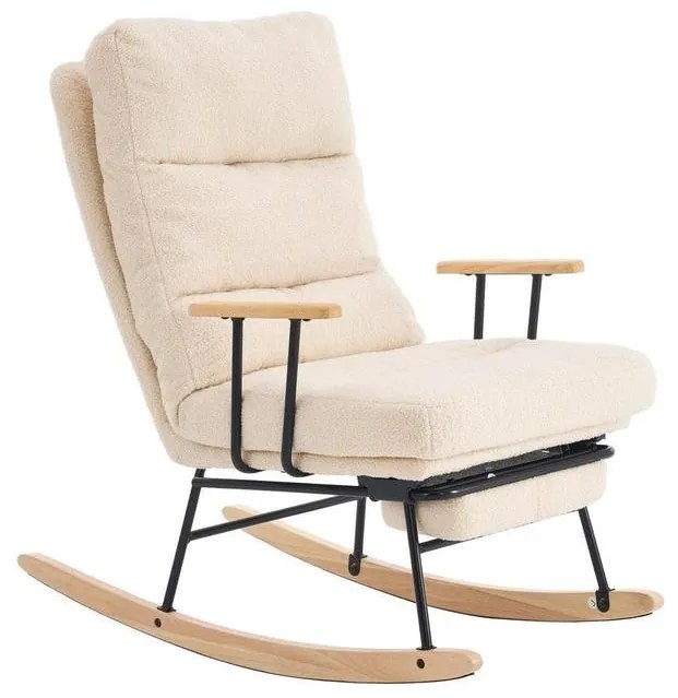 Hintaszék fa lábakkal, plüss szövettel, 4 fokozatban állítható háttámlával,  krémfehér