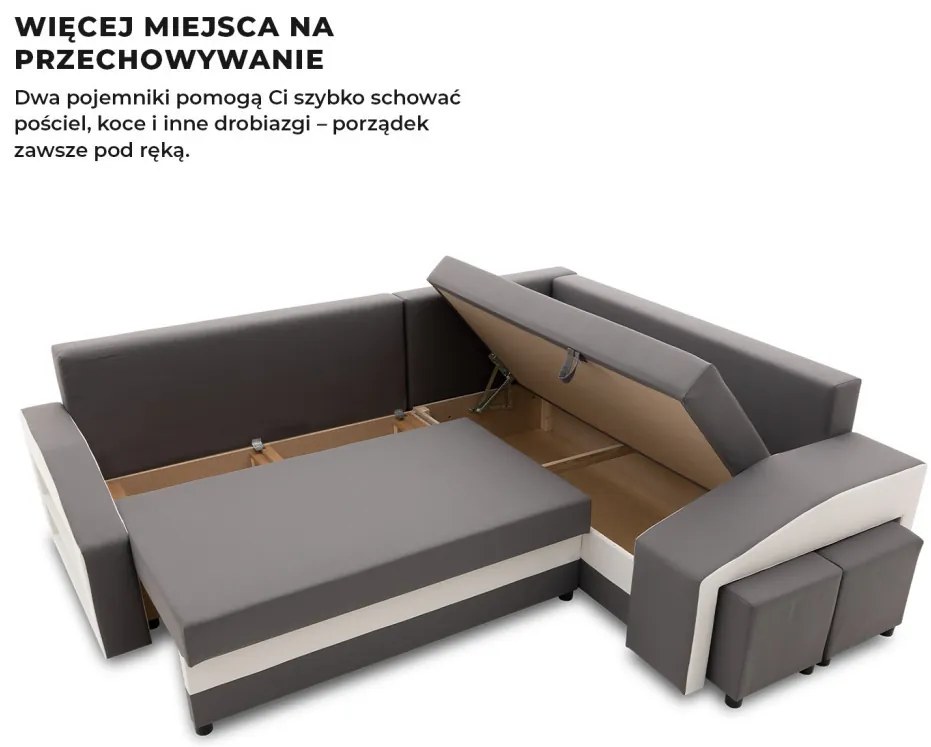 Grande sarokkanapé polcokkal és puffokkal , polc a bal karfaban puffok a jobb karfaban, jobboldali, szövet anyag, bonell töltet, szürke - fehér