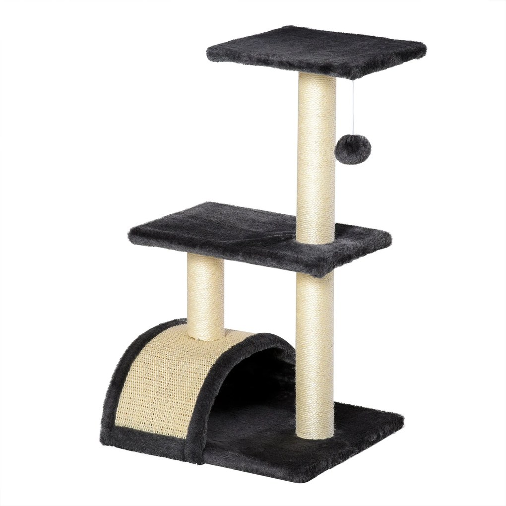 PawHut 72 cm-es Macskak húzódó Torony Plüss Golyókkal, Sisal Összetevőkkel, Platformmal, Kaparó Paddal, Több Szintű Macska Kaparófa, Mászófa Közepes