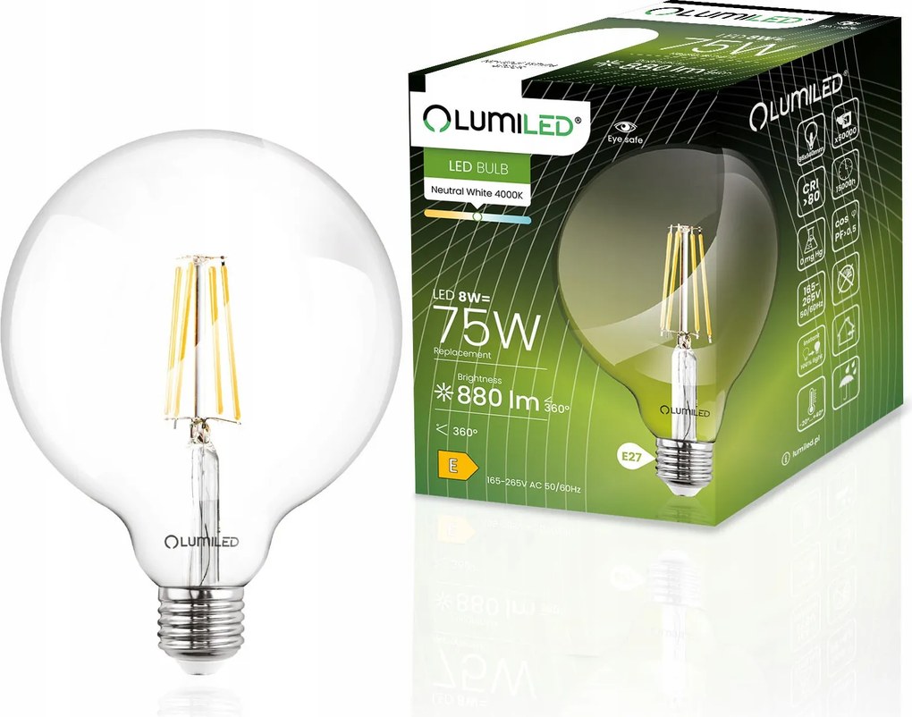 Led izzó E27 G95 Filament 8W 75W Edison Globe Dekoratív Nagy Lumiled