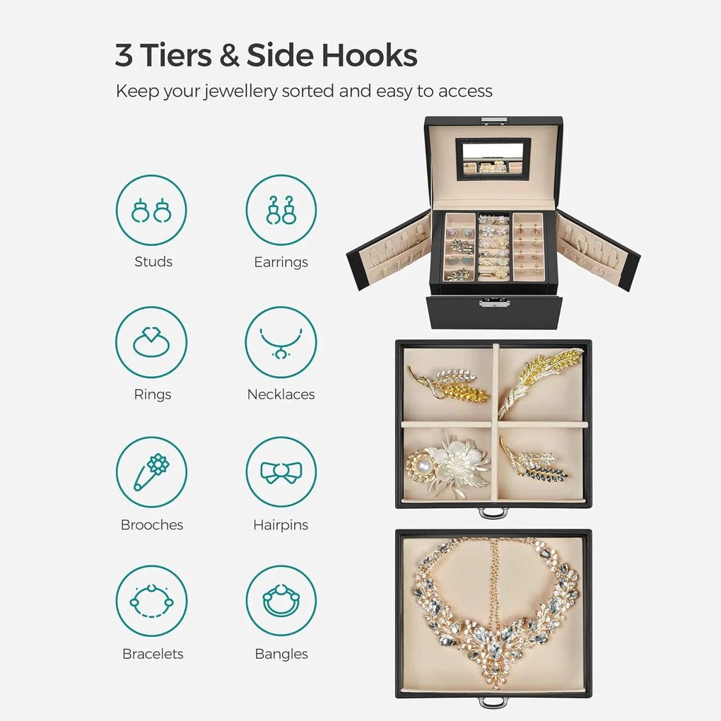 Ékszerdoboz, zárható ékszertartó 2 fiókkal, fekete