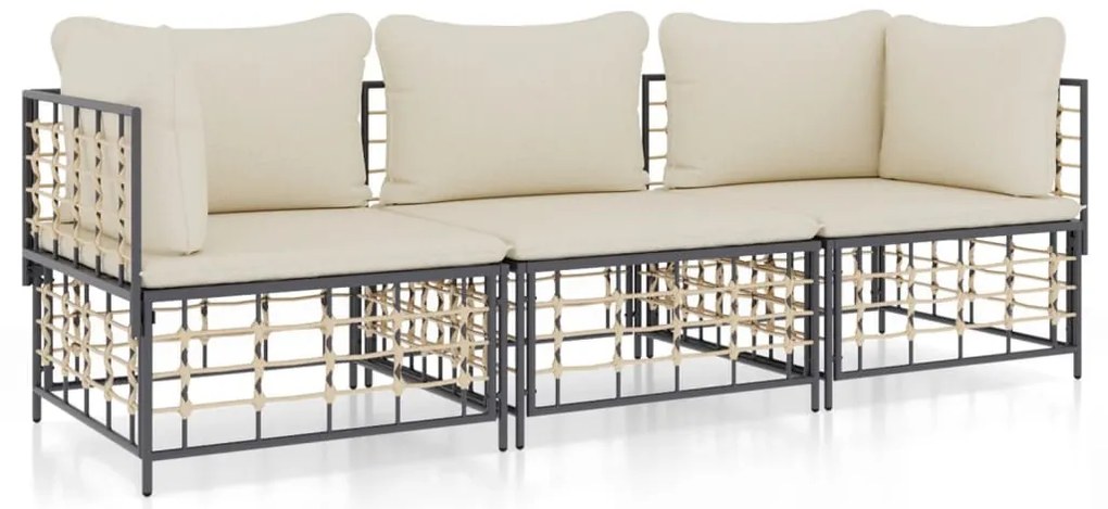 3 részes antracitszürke polyrattan kerti ülőgarnitúra párnákkal