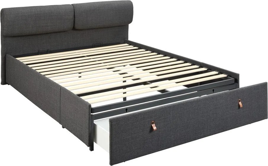 Sötétszürke kárpitozott ágyneműtartós franciaágy ágyráccsal 160x200 cm Calvi – Actona