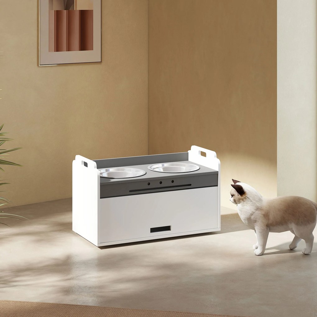 PawHut emelt kutyaetető tárolós szekrénnyel, 2 rozsdamentes tál (lassító tál), csúszásgátló — Fehér | Aosom