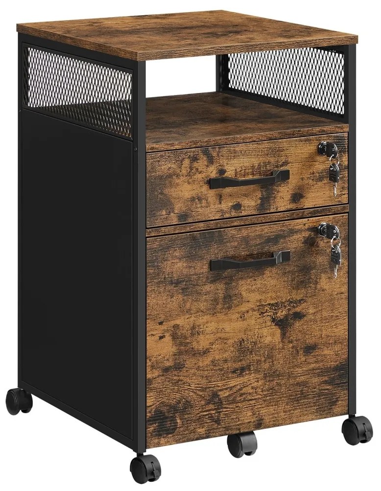 Irodai fiókos irattároló szekrény, gurulós, 2 fiókkal, polccal, rusztikus barna 44x42x69cm