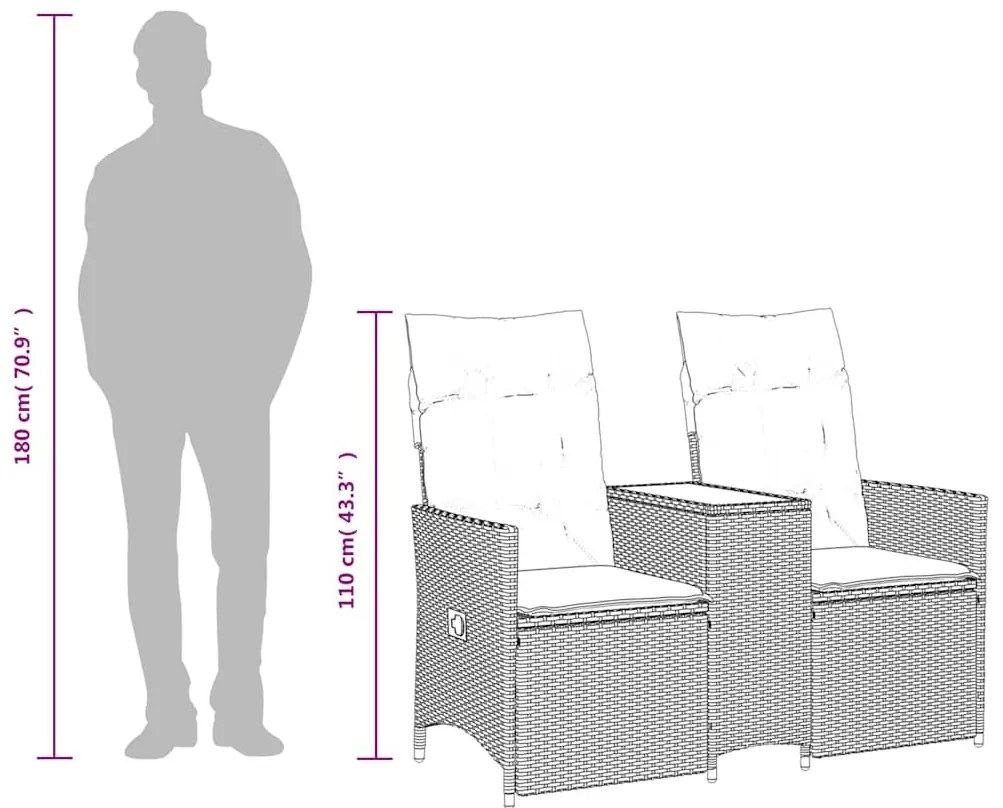 kétszemélyes dönthető kerti kanapé asztallal, szürke polyrattan