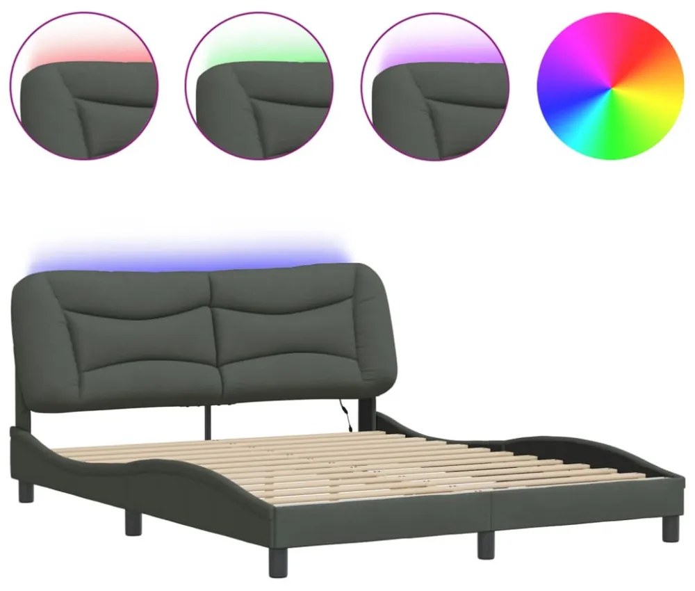 sötétszürke szövet ágykeret LED-es matrac nélkül 160 x 200 cm