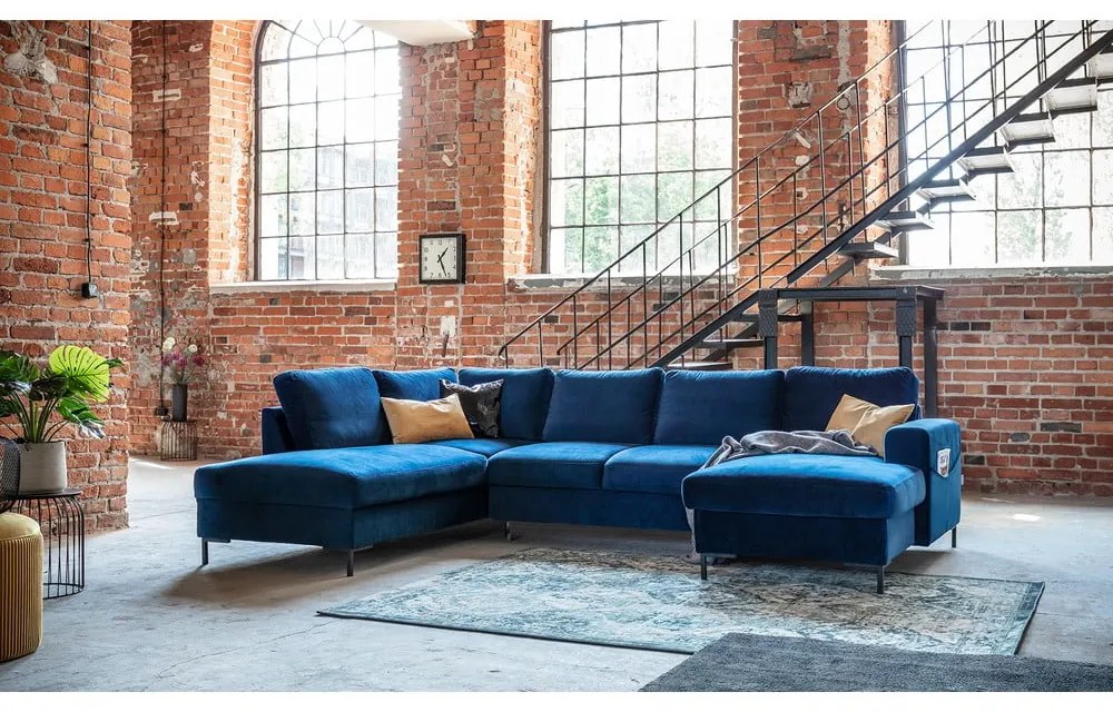 Lofty Lilly matrózkék kinyitható U alakú bársony kanapé, bal oldali - Miuform