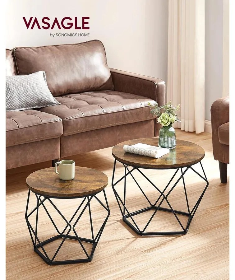 Dohányzóasztal, 2 oldalsó asztal, Ø60cm és Ø50cm, barna-fekete