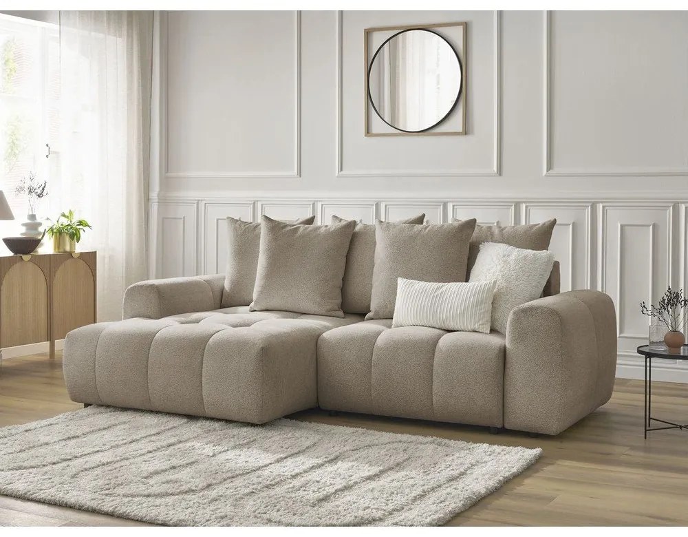 Bézs zsenília kinyitható-tárolóhelyes sarokkanapé (bal oldali-heverő résszel) Roxelane – Bobochic Paris