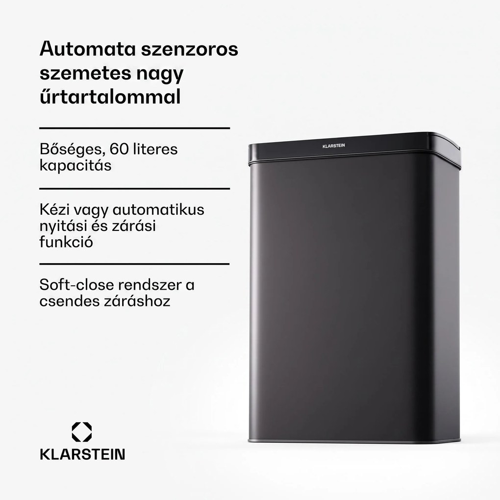 Klarstein Touchless, szenzoros szemétkosár, 60 l, rozsdamentes acélból, Soft-Close záródás, elemmel működő, LED kijelző, időzítő