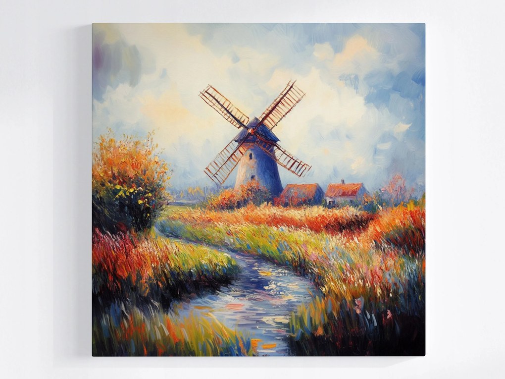 Poszter Tájkép Szabadtéri Táj Falu Szélmalom Folyó 40x40