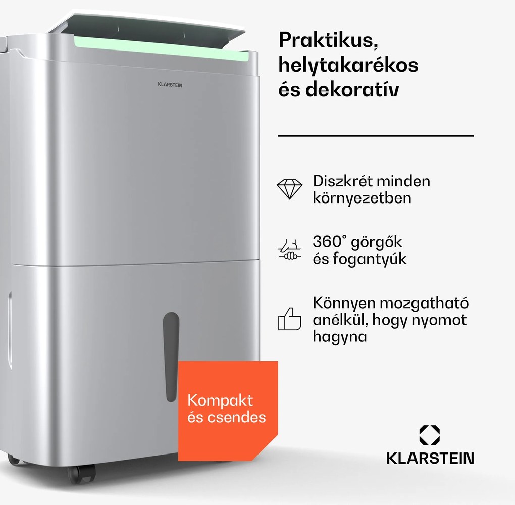 Klarstein DryFy Connect 40 párátlanító, 40 l / nap, 60-70 m², app vezérlés, mobil, víztartály, víztartály
