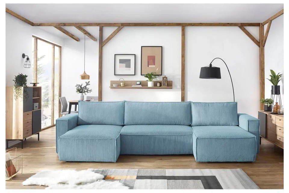 Mentazöld kordbársony kinyitható-tárolóhelyes (U alakú) sarokkanapé Nihad – Bobochic Paris