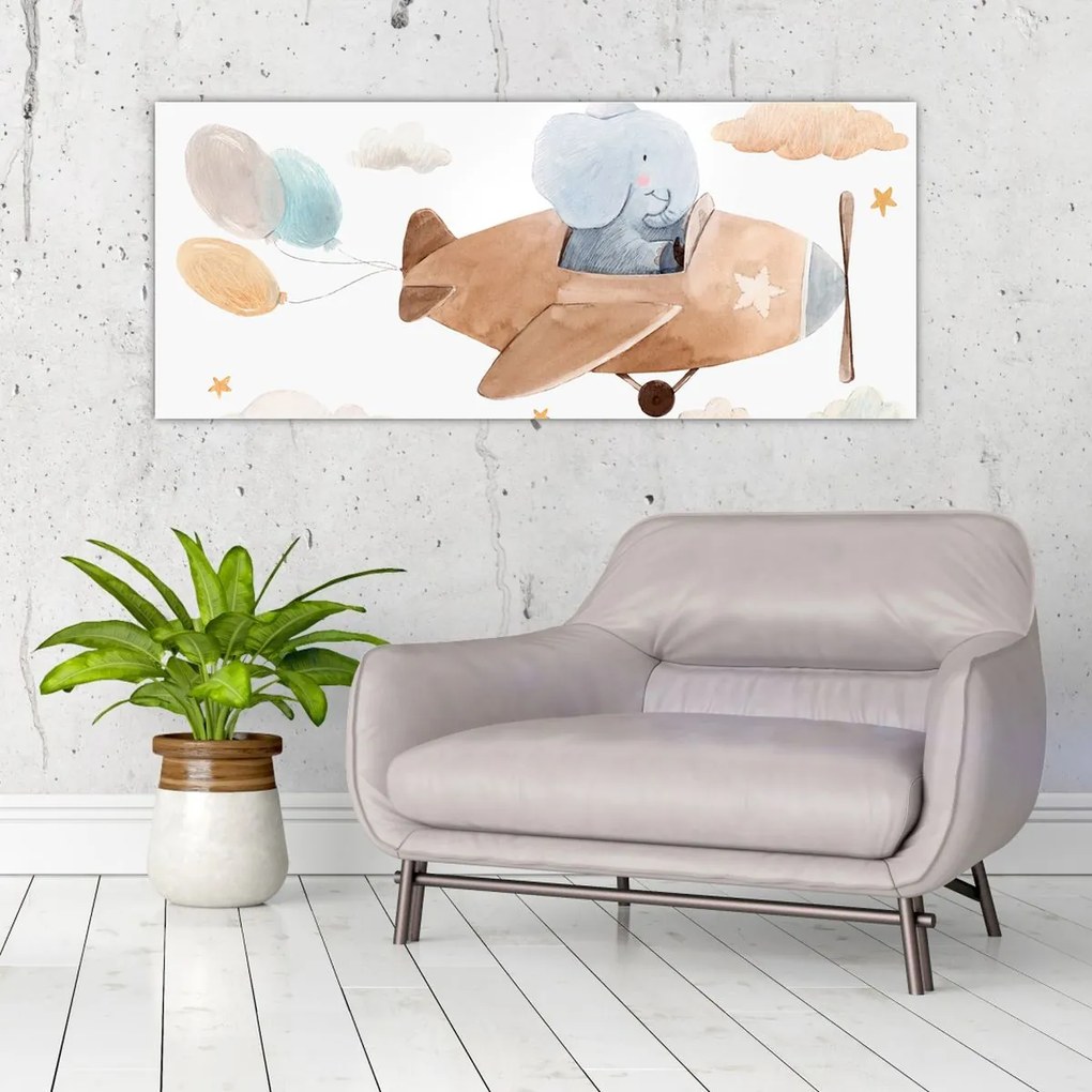Kép - Akvarell elefánt egy repülőgépen (120x50 cm)