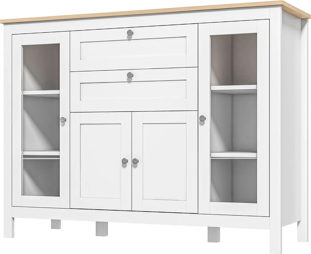 HOMCOM Konyhai Oldalszekrény 2 Fiókkal, 2 Üvegajtóval és Állítható Polcokkal, Tárolószekrény Étkezőbe vagy Nappaliba 120x40x90 cm Fehér | Aosom