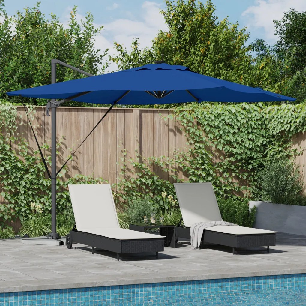 Cantilever Roma Napernyő LED lámpákkal, azúrkék – 286 x 285 x 270 cm, alumínium.