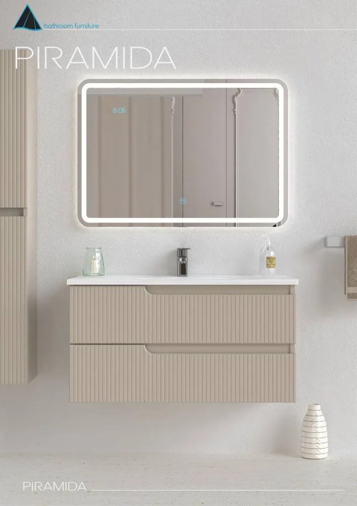 Piramida EURIDIKA fali fürdőszobabútor - műmárvány mosdóval -2 fiókos - PINO BÉZS - 100 x 48 x 53 cm