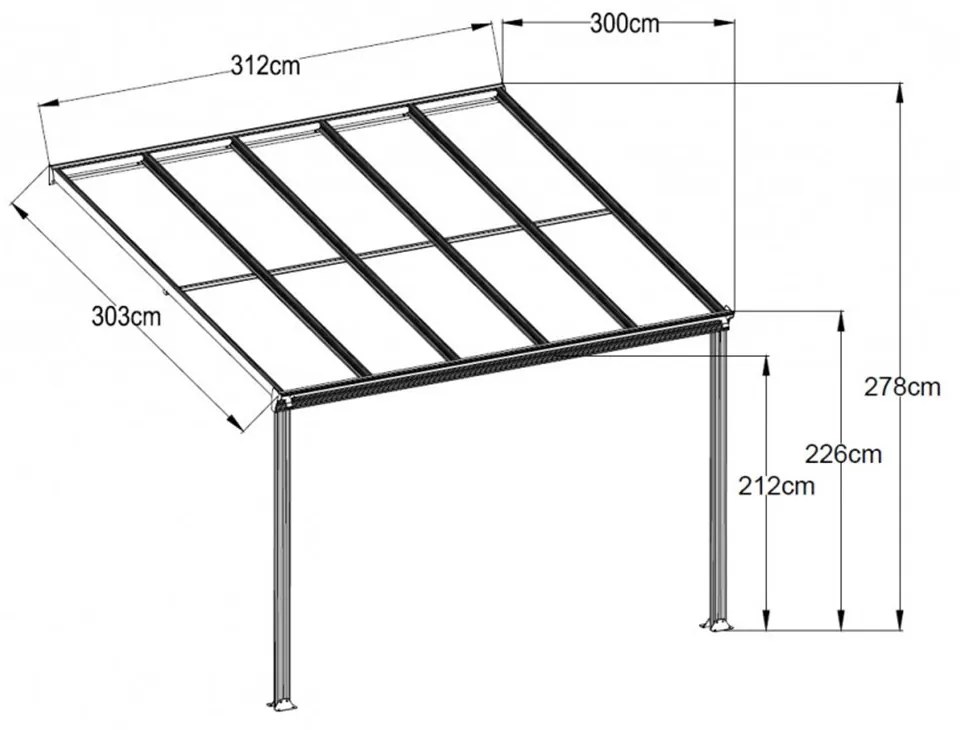 Féltetős alumínium pergola antracit átlátszó tetővel 303 cm x 312 cm P-312-1