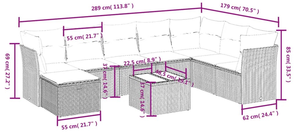 9 részes vegyes bézs polyrattan kerti ülőgarnitúra párnákkal