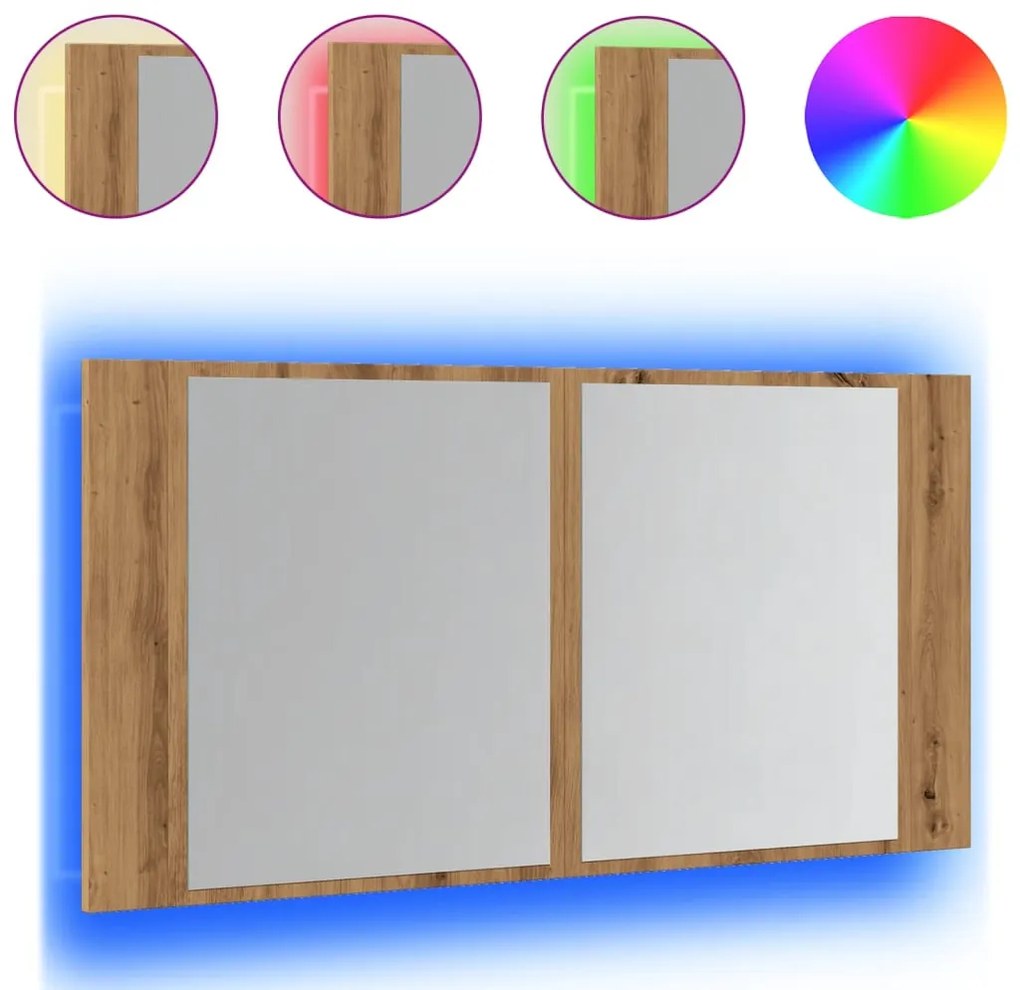kézműves tölgy szerelt fa tükrösszekrény LED-del 90x12x45 cm