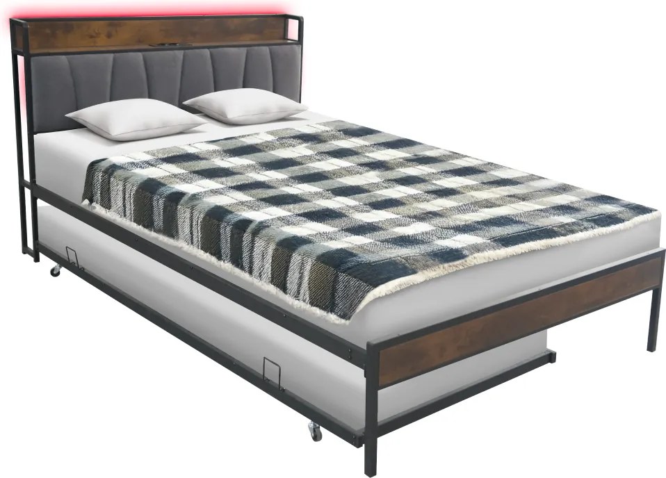 Ágy ágyráccsal és kihúzható pótággyal, 160x200, fekete/szürke, NORDO