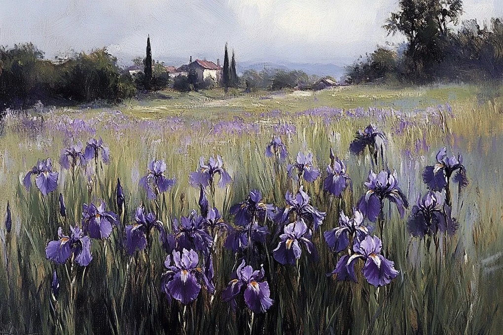 Vászonkép Canvas Tájkép Falu Rét Házak Virágok Írisz 60x40