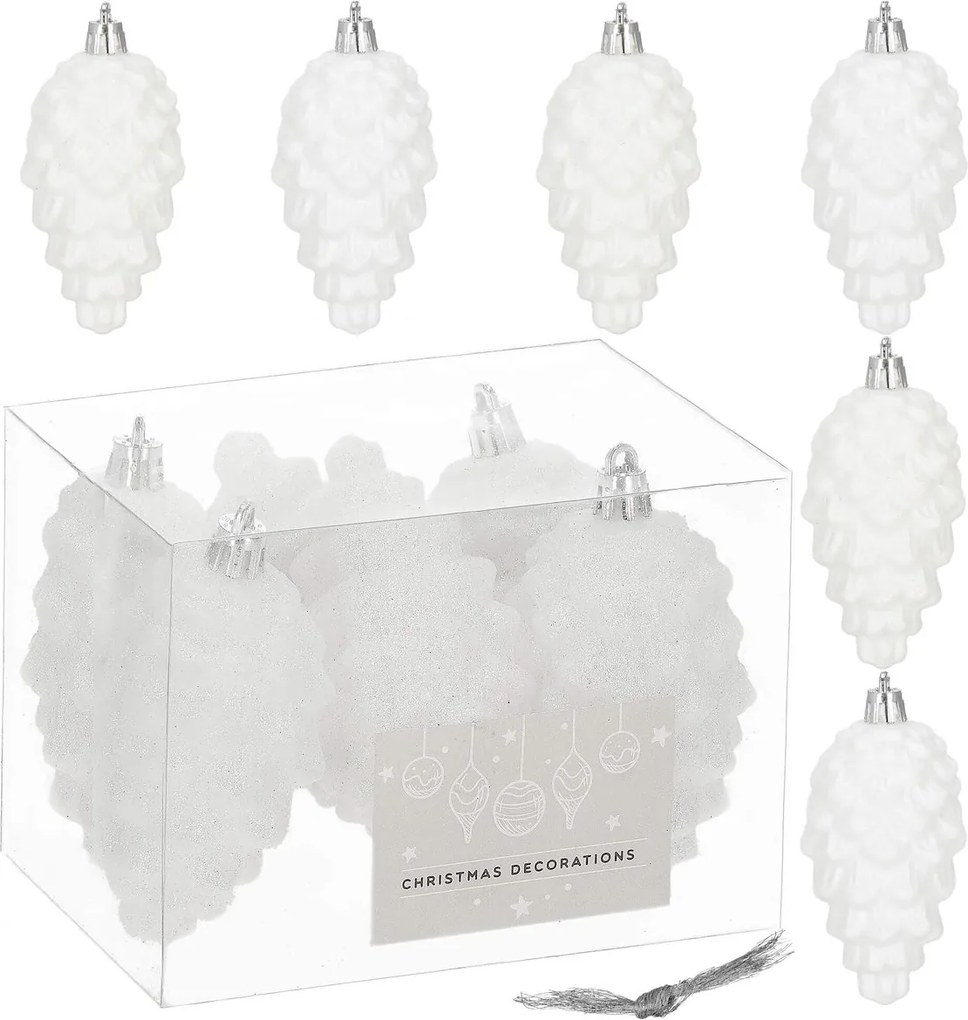 Karácsonyfa Bombák Toboz Szett 6 Db-os Nagy Törhetetlen Medál Fehér 9,5cm