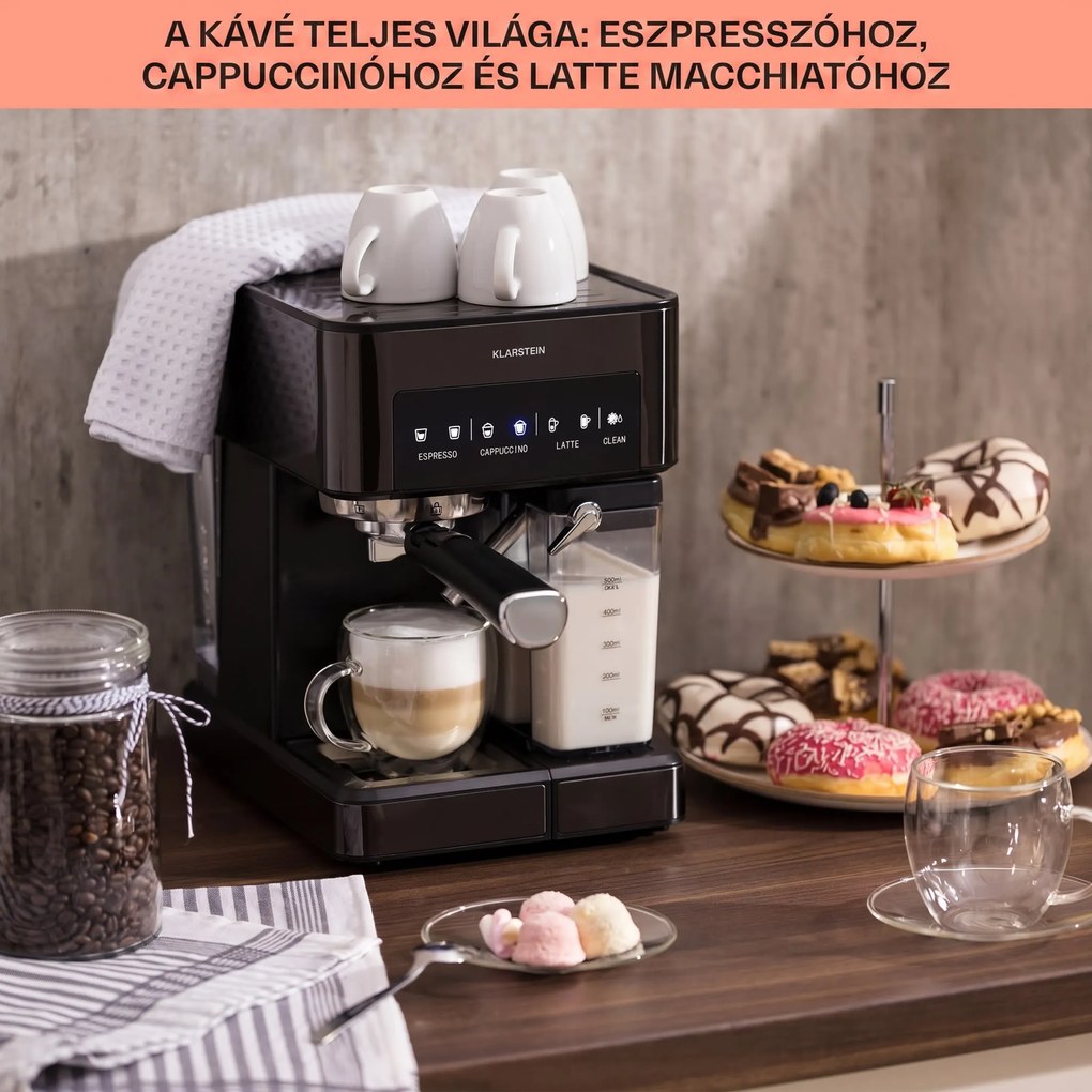 Klarstein Arabica Comfort, kávégép portaszűrővel, 1350 W, 20 bar, 1,8 l, érintőképernyő