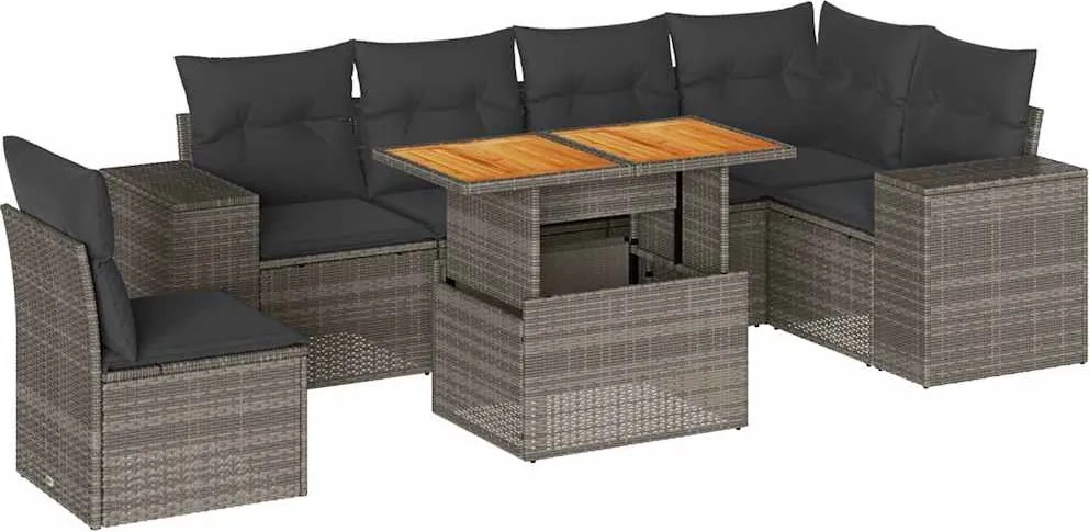 vidaXL 7 részes szürke polyrattan kerti ülőgarnitúra párnákkal