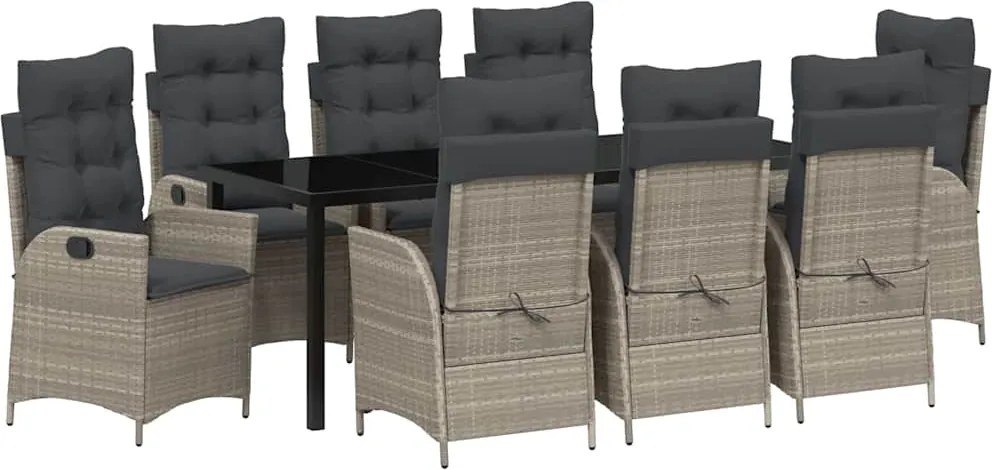 vidaXL Kert étkező szett párnával 9 pcs Világosszürke polirattan