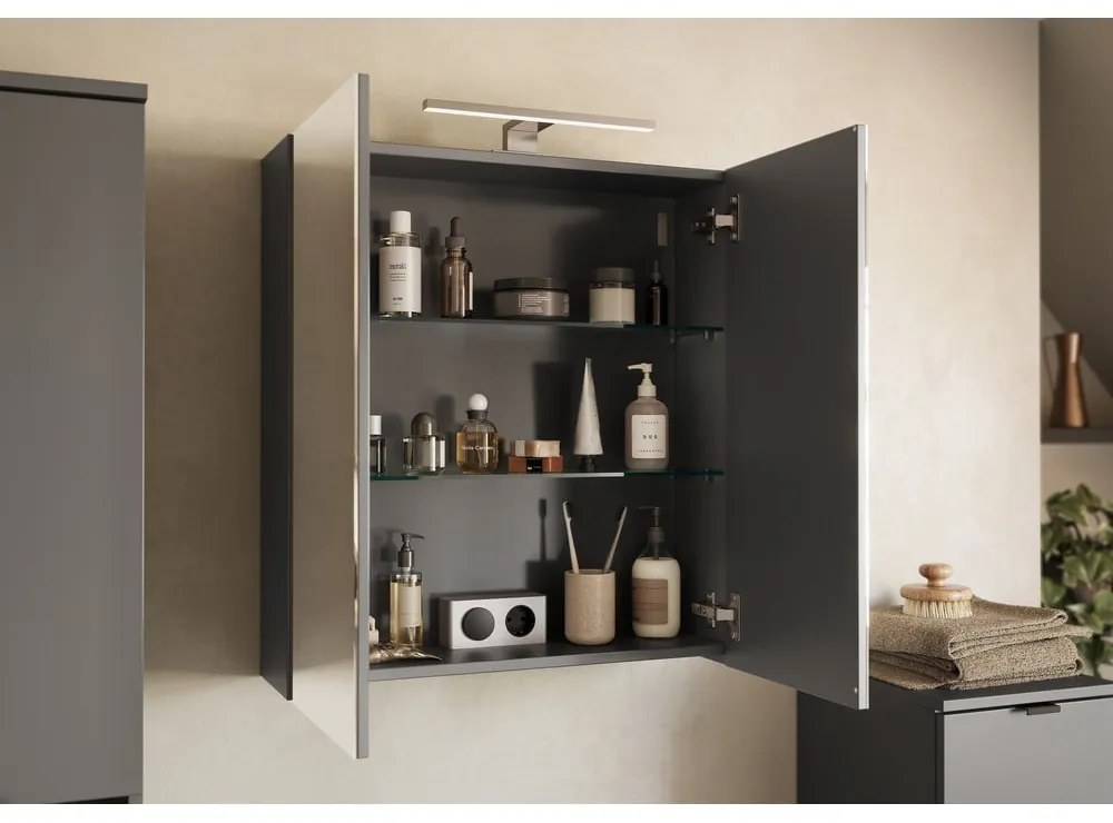 Antracitszürke fali tükrös fürdőszoba szekrény 60x71 cm Arcena – Germania