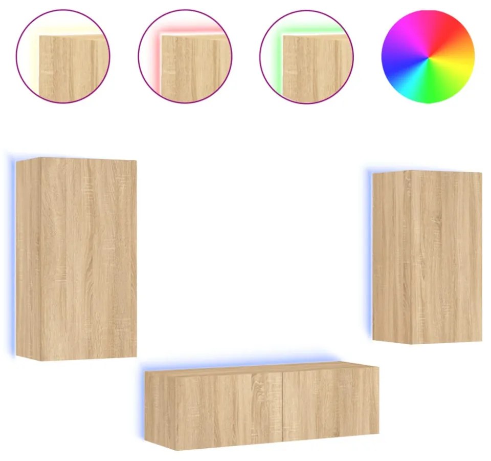 vidaXL 3 darab sonoma tölgy színű falra szerelhető TV-szekrény LED-del