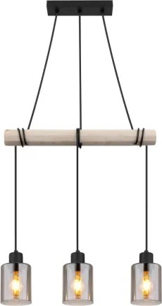 Globo 15465-3H Függeszték fém fekete matt, természetes színű fa, füstszínű üveg, körbetekerhető kábel, HxSzxM: 500x100x1400mm, 3x E27 40W 230V izzók nélkül