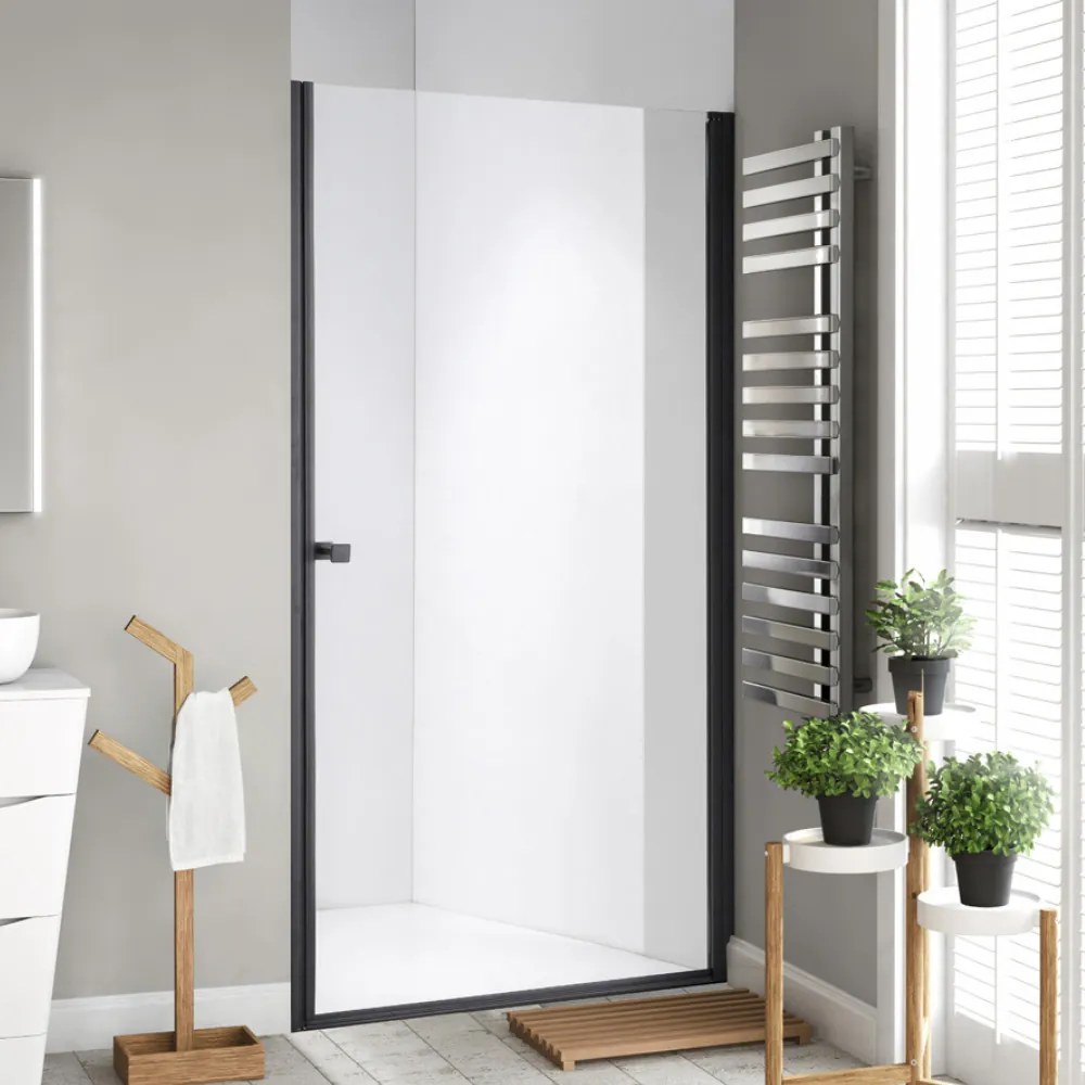 Stuxi Bari Black 70/80/90/100 cm széles egyszárnyú nyíló zuhanyajtó, 6 mm vízlepergető üveggel, matt fekete profillal, 195 cm magas