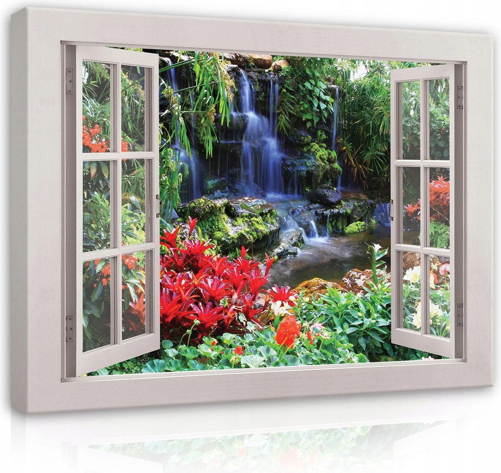 Vászonkép 3D Ablak Vízesés Erdő Nagy 120x80