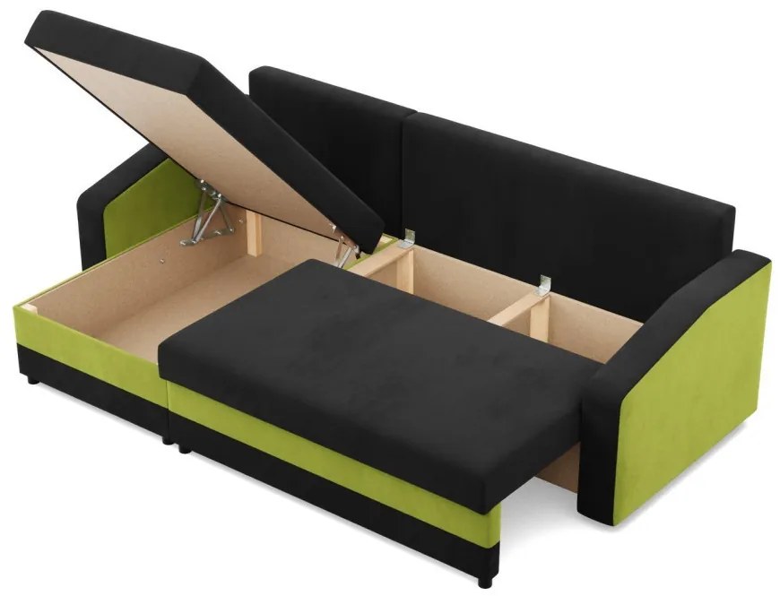 Hewlet sarokkanapé, 2 ágyneműtartóval, szövet anyag, univerzális oldal, hab töltet, fekete - zöld