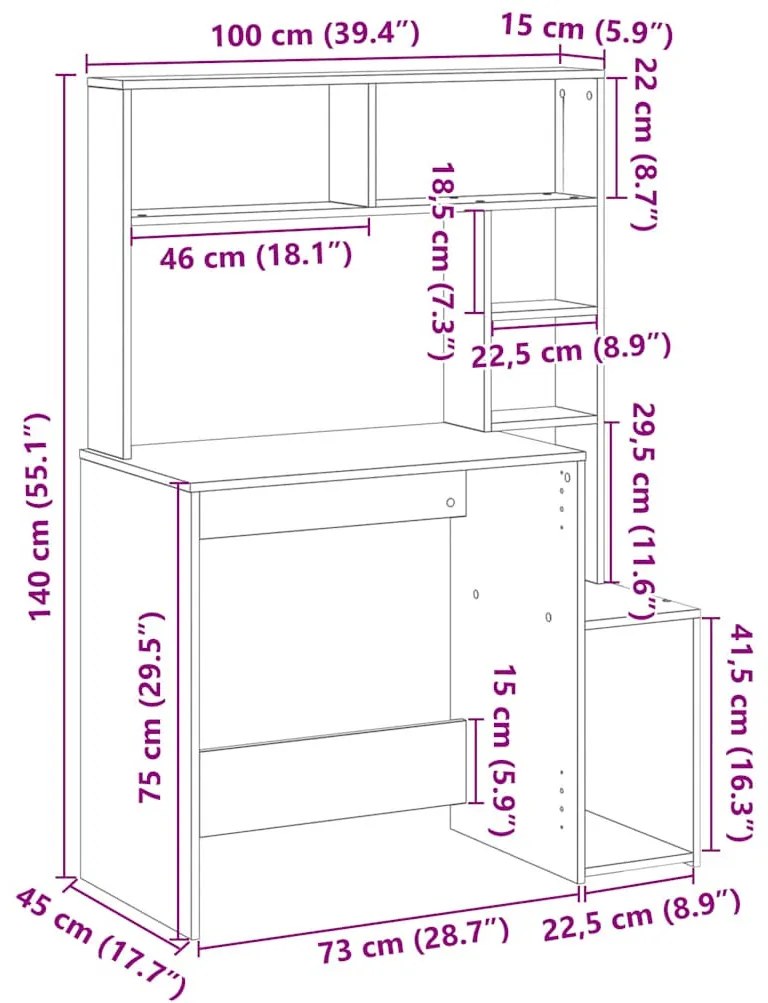 vidaXL betonszürke szerelt fa íróasztal polcokkal 100x45x140 cm