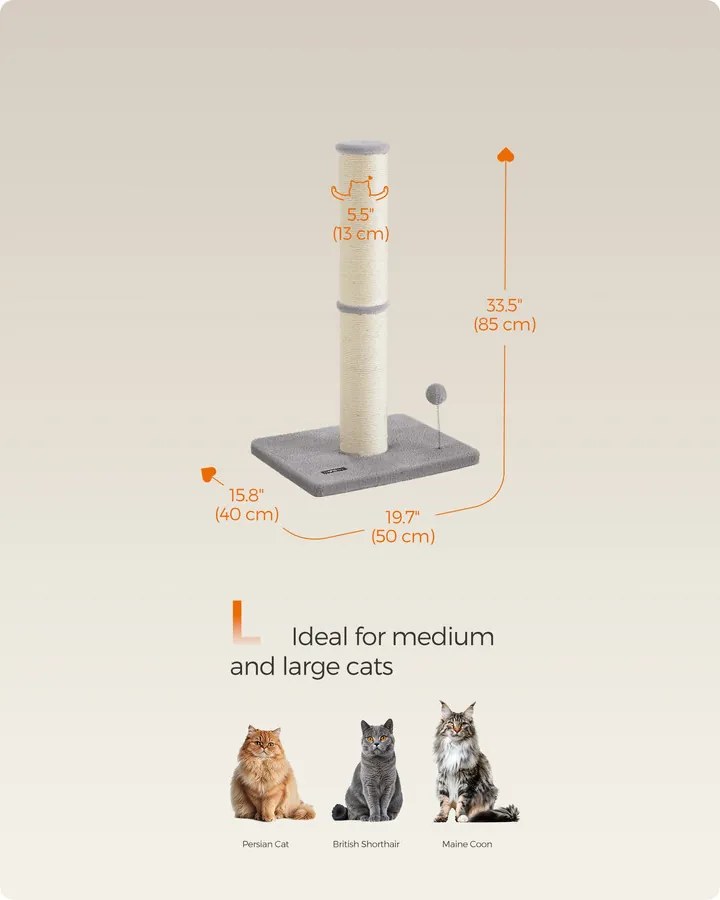 Macskakaparó oszlop közepes és nagy macskáknak, szizálból, szürke