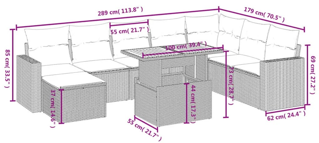 9 részes fekete polyrattan kerti ülőgarnitúra párnákkal